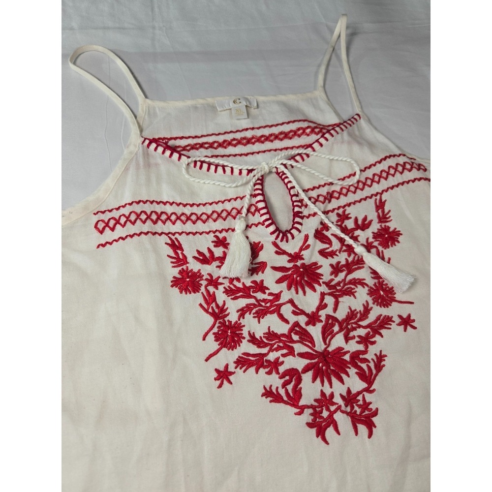 Embroidered Peasant Tank Top Sz XL White Red Cotton Boho Tassel Festival Cami